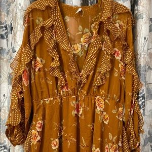 Live 4 Truth NWT!  Sz3X (Fits as 2X) Caramel Ruffled Long Sleeve V Neck Dress